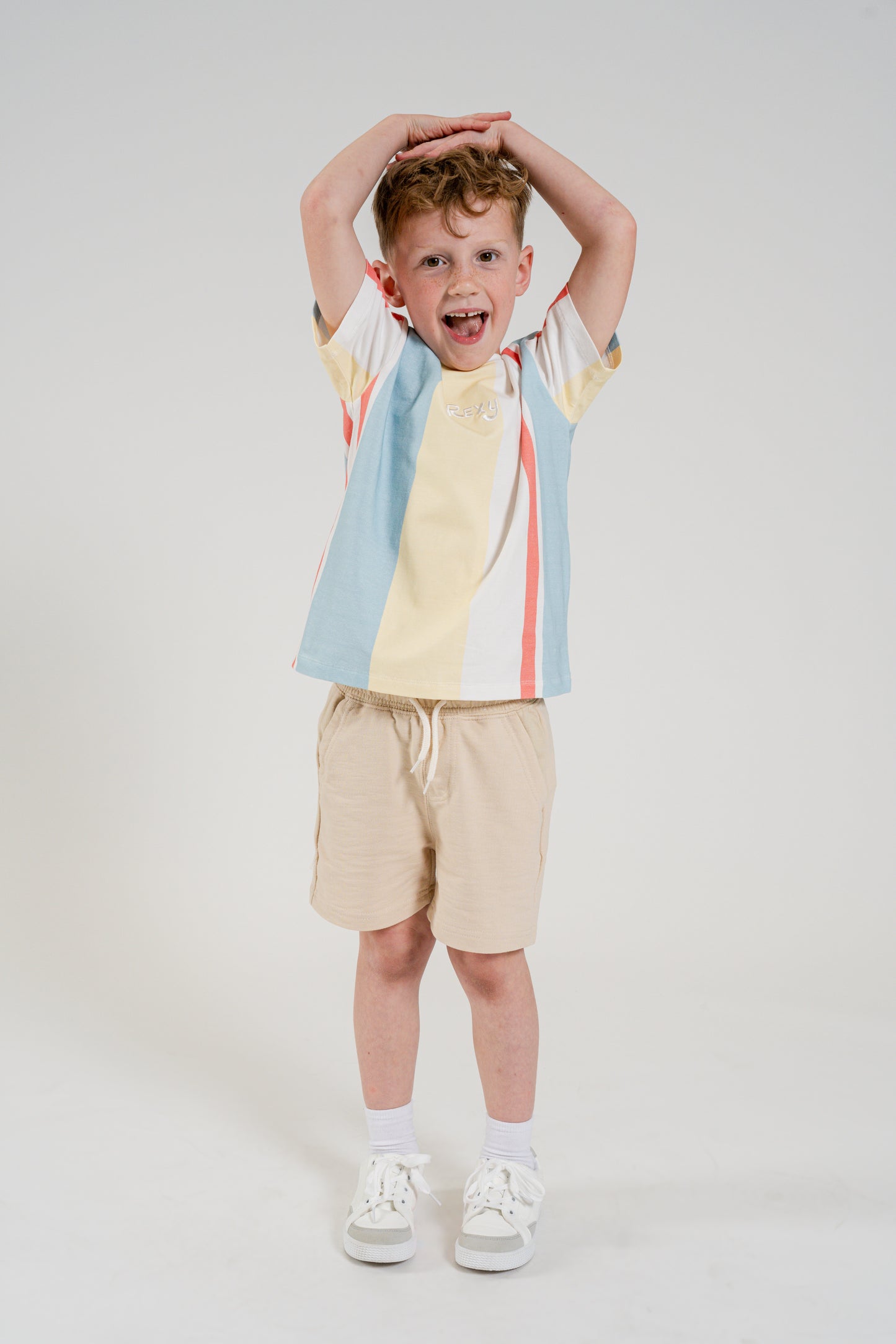 Premium Rexy Striped Tee - Sky Blue & Beige (Kids)