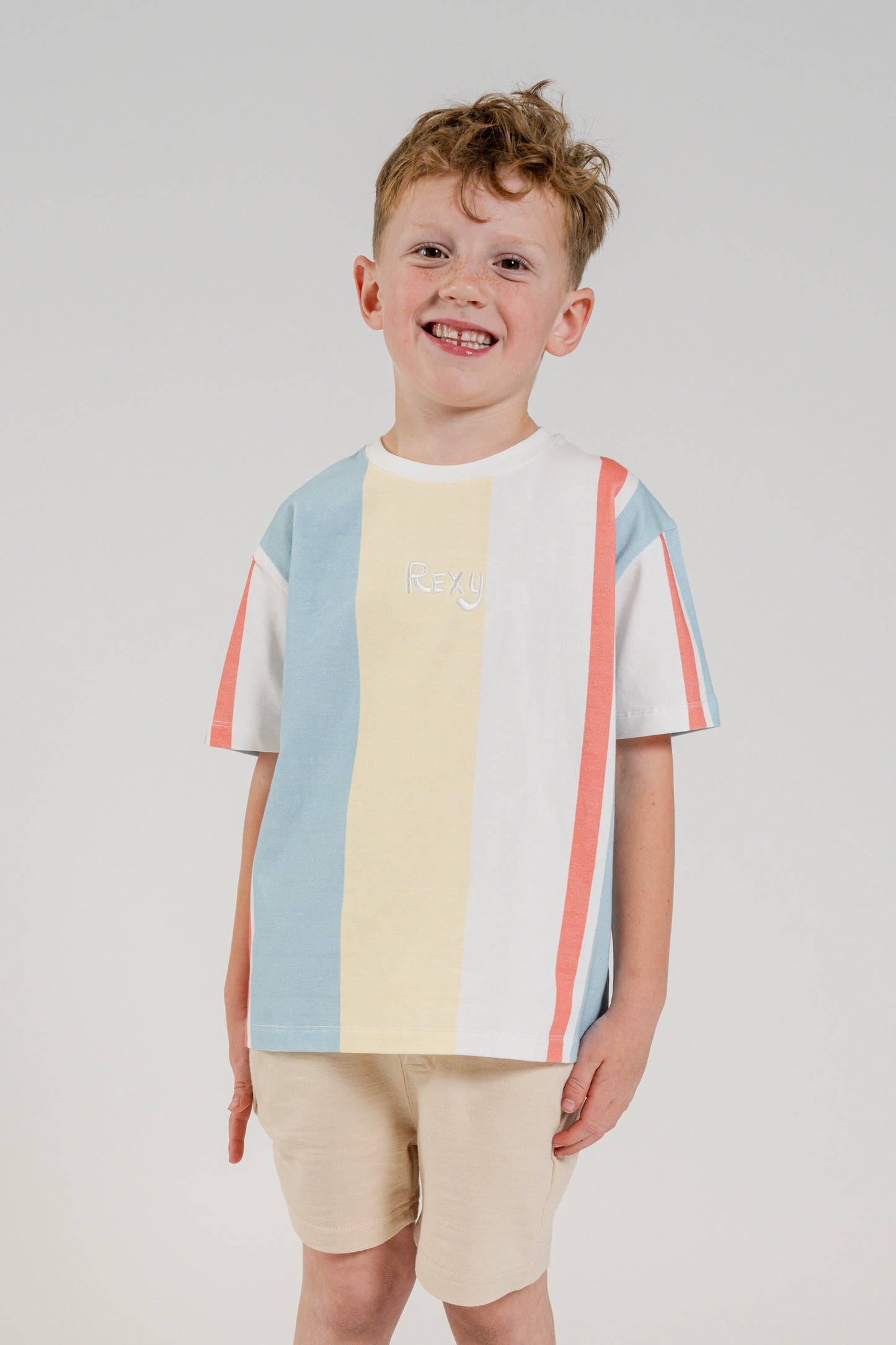 Premium Rexy Striped Tee - Sky Blue & Beige (Kids)